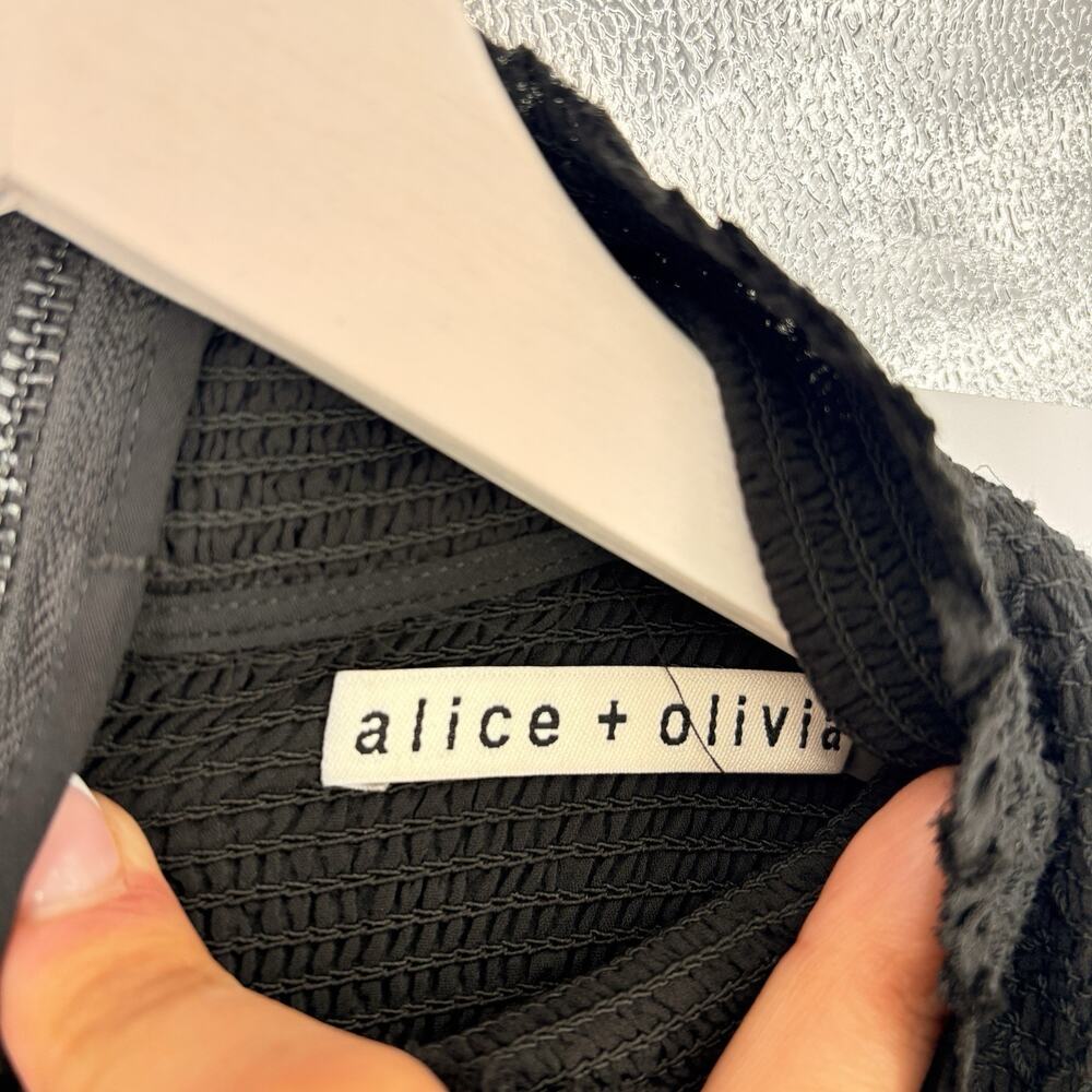 $495 Alice + Olivia Women's Black Velvet Smocked High Neck A-Line Dress Size 8 - Picture 8 of 12
